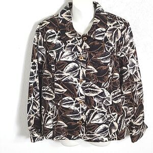 Appleseeds Buttondown Shirt Jacket, Black/White/Brown/Tan Leaves, Size 16